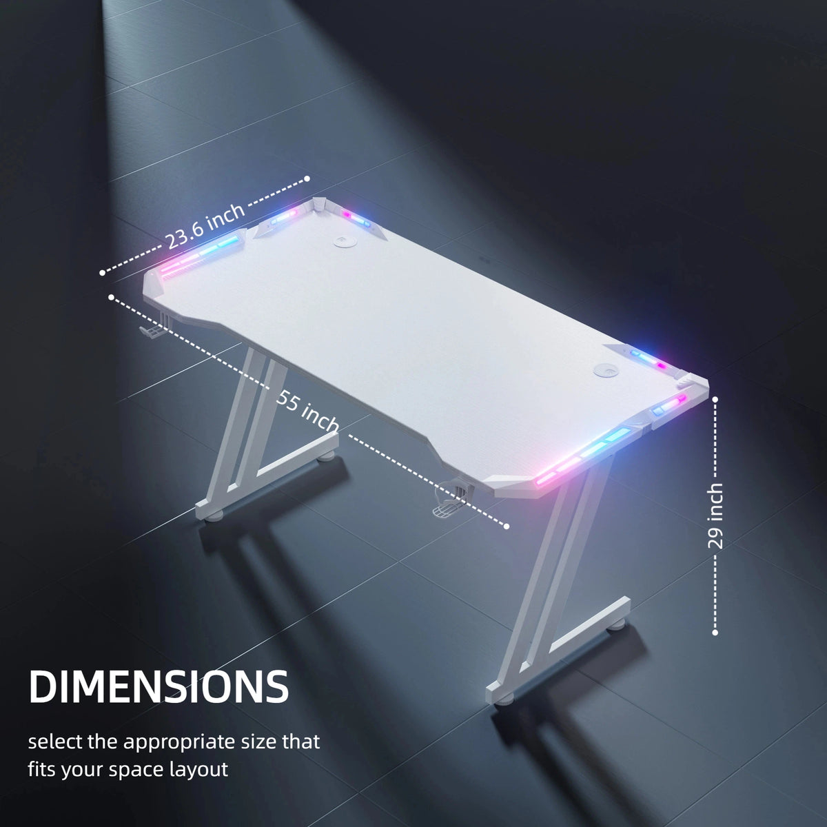 47/55/63inch Gaming Desk, Carbon Fibre Gaming Table with LED Lights, Z Shaped Ergonomic Desk with Cup Holder & Headphone Hook, White