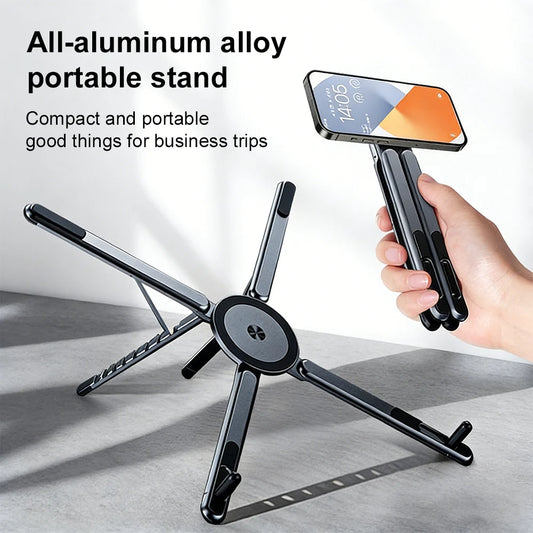 Multifunctional Aluminum Alloy Magnetic Laptop Stand Holder Mobile Phone Tablet Stand Portable Notebook Holder Mini Handheld Phone Tablet Holder Desktop Bracket for Macbook iPhone Ipad MagSafe Live Vlog Office