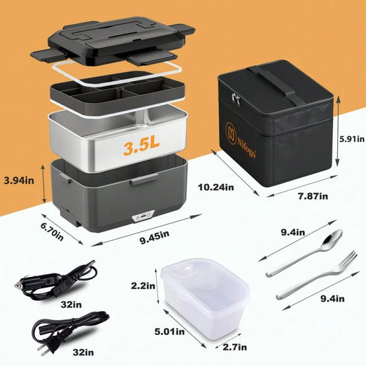 Dual‑Use Electric Heated Lunch Box, 12V Car & Home Plug‑in Food Warmer, 304 Stainless‑Steel Portable Heating Bento Box with Insulated Bag, Fast Heating Food Container for Office, Car, Travel