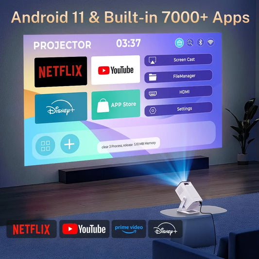Mini Projector Native 1080P, 4K Decoding, WiFi 6 & BT 5.4, Android TV Short Throw Portable Beamer for Home Theater Outdoor Movie