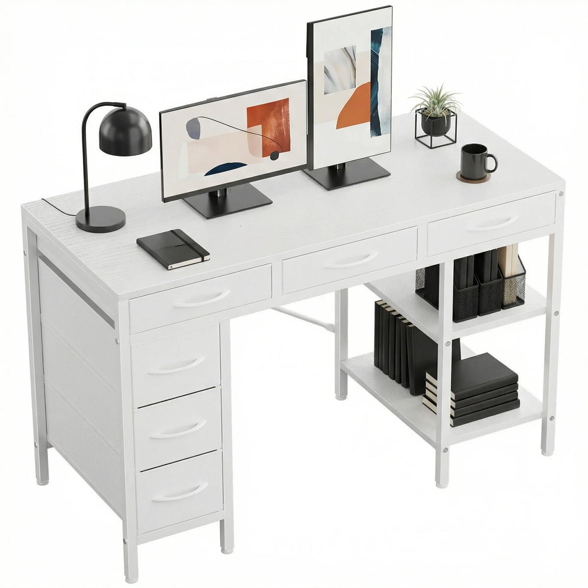 MCQ 47 Inch Office Computer Desk With 6 Fabric Drawers Standing Ergonomic Gaming Desk With Storage Shelves Reversible Gaming Desk For Home Office Small Space