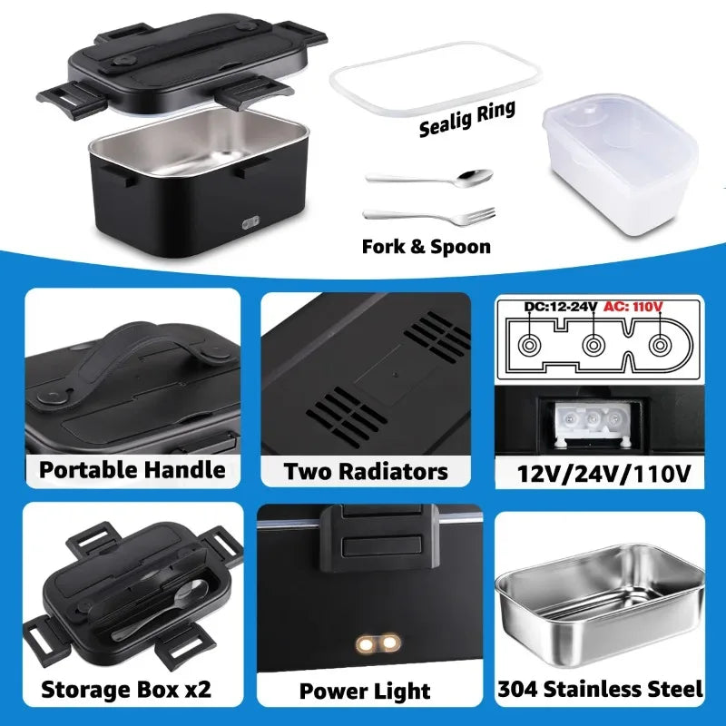 100W Fast‑Heated Electric Lunch Box 1.8L, 110V Home & 12V/24V Car Dual‑Use Food Warmer, 304 Stainless‑Steel Portable Heating Bento Box with Insulated Carry Bag for Office, Road‑Trip
