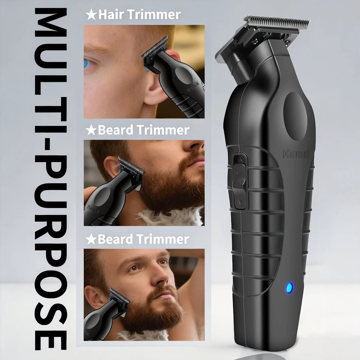 Kemei Black Haircut Three-Piece Set KM-2296 2299 1102 with Charging Base Electric Hair Clipper, Engraving Trimmer, Whitening Shaver, USB Rechargeable Professional Salon Full Haircut Tool Kit