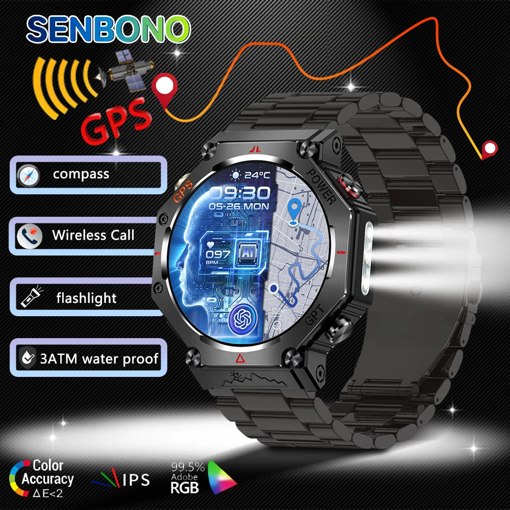 SENBONO KC91 Smartwatch Built-in GPS GPT Multiple Exercise Mode  Flashlight 3ATM Water Resistance Men's Fitness Smartwatch