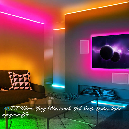 50ft 15M 5050 RGB Flexible Smart LED Strip Light 12V Christmas Festival Holiday Interior House Decoration APP Light Strings