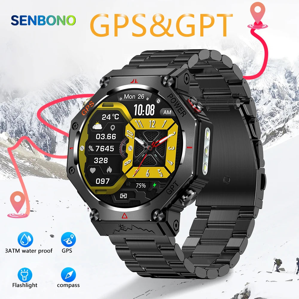 SENBONO KC91 Smartwatch Built-in GPS GPT Multiple Exercise Mode  Flashlight 3ATM Water Resistance Men's Fitness Smartwatch
