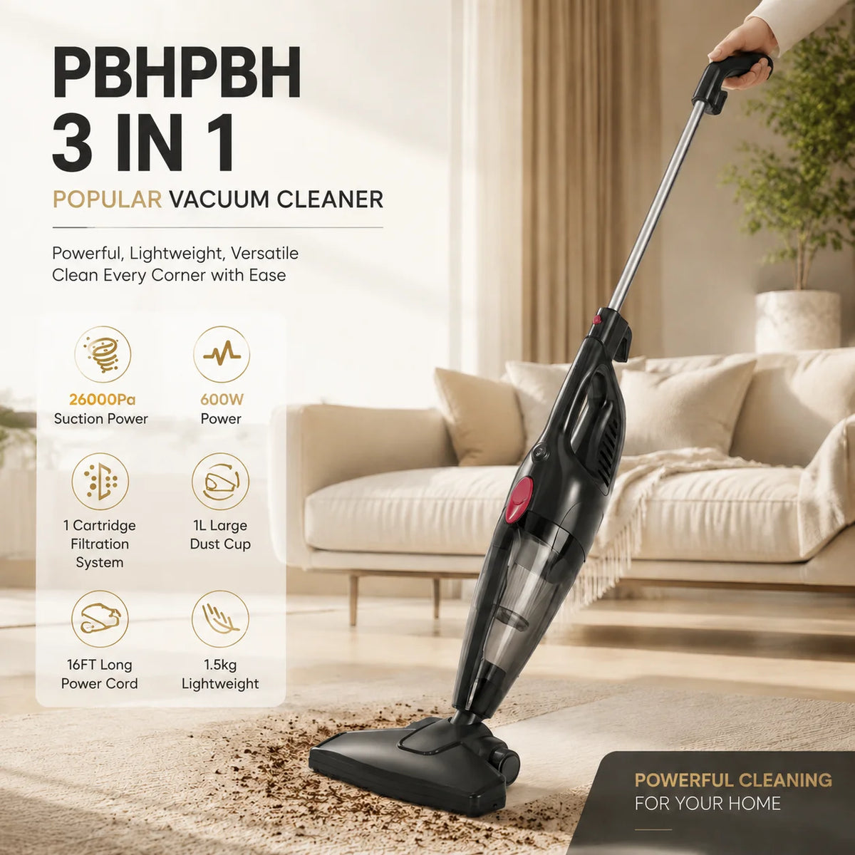 PBHPBH corded vacuum cleaner, 26kPa strong suction, 5-meter cord length, suitable for any environment in the home, pet hair is no problem, equipped with a crevice tool, corners can also be easily cleaned