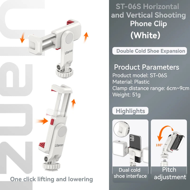 Ulanzi ST-06S Phone Holder Mount Clamp Clip Horizontal and Vertical Shooting for Smartphone Cold Shoe Mount Video Light Mic