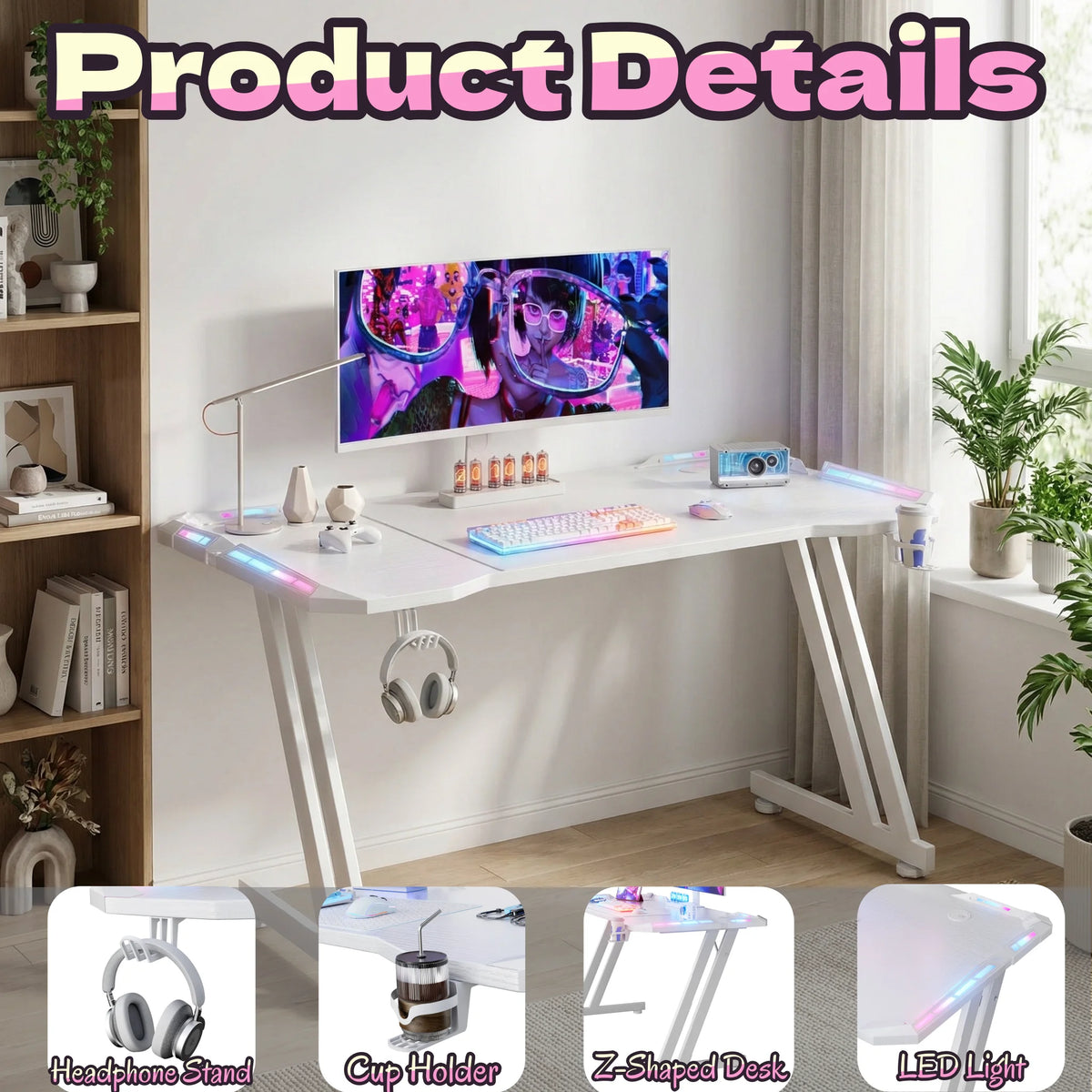 47/55/63inch Gaming Desk, Carbon Fibre Gaming Table with LED Lights, Z Shaped Ergonomic Desk with Cup Holder & Headphone Hook, White