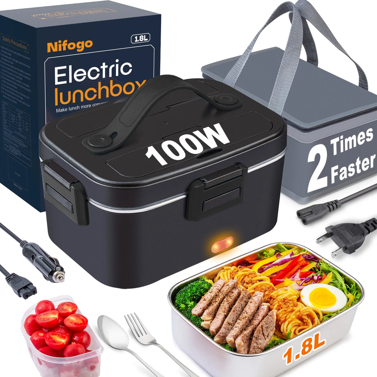 100W Fast‑Heated Electric Lunch Box 1.8L, 110V Home & 12V/24V Car Dual‑Use Food Warmer, 304 Stainless‑Steel Portable Heating Bento Box with Insulated Carry Bag for Office, Road‑Trip
