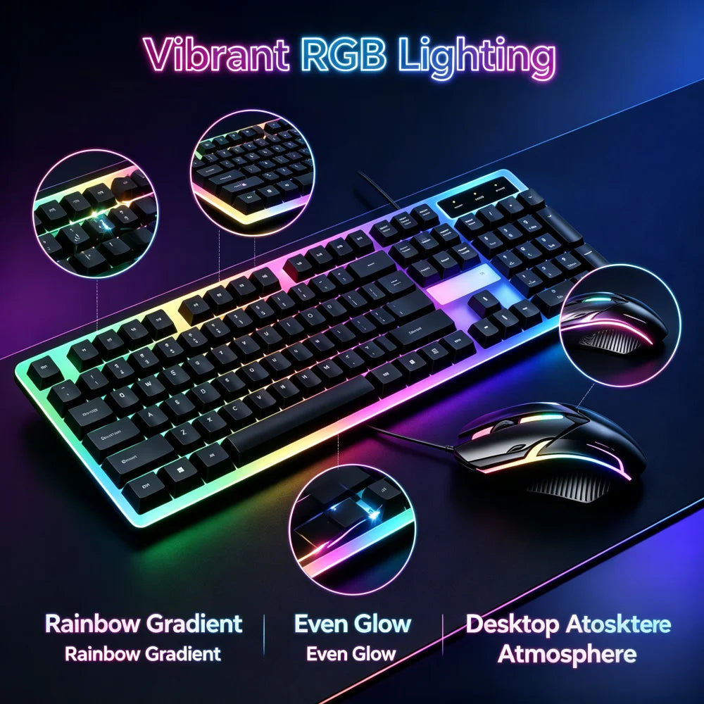 Wired USB Backlit Keyboard and Mouse Combo, Ergonomic Mechanical Feeling Gaming Keyboard & Mouse Kit, Plug Play Computer Accessories for PC Desktop Laptop Home Office Gaming