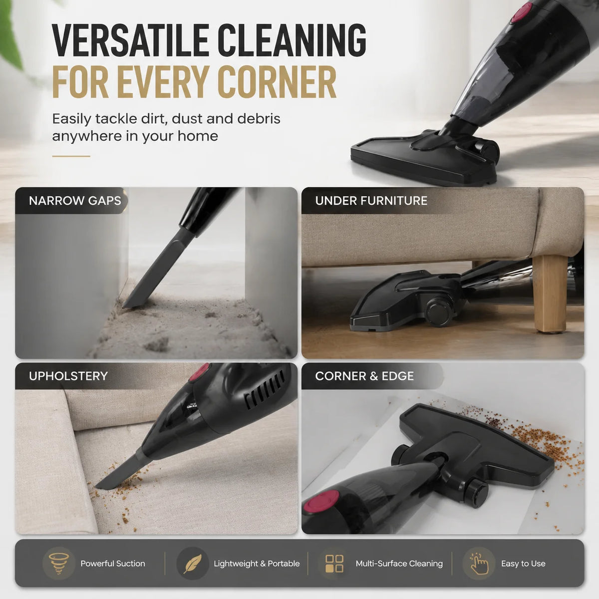 PBHPBH corded vacuum cleaner, 26kPa strong suction, 5-meter cord length, suitable for any environment in the home, pet hair is no problem, equipped with a crevice tool, corners can also be easily cleaned