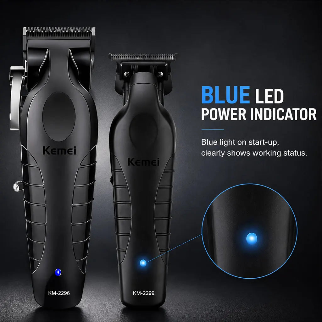 Kemei Black Haircut Three-Piece Set KM-2296 2299 1102 with Charging Base Electric Hair Clipper, Engraving Trimmer, Whitening Shaver, USB Rechargeable Professional Salon Full Haircut Tool Kit