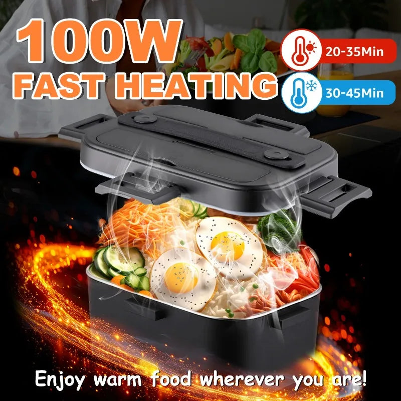 100W Fast‑Heated Electric Lunch Box 1.8L, 110V Home & 12V/24V Car Dual‑Use Food Warmer, 304 Stainless‑Steel Portable Heating Bento Box with Insulated Carry Bag for Office, Road‑Trip