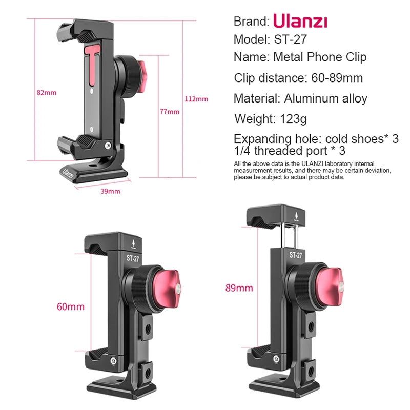 Ulanzi ST-27 Metal Phone Holder Clamp With Cold Shoe Arca Rotatable Tripod Mount Clip for TikTok Vlog Photography