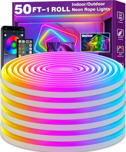 50FT RGB Neon Rope Lights, IP67 Waterproof Flexible LED Strip Light with App & Remote Control, Music Sync, DIY Design for Bedroom, Gaming Room, Outdoor Patio, and Holiday Party Decor