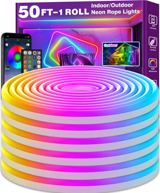 50FT RGB Neon Rope Lights, IP67 Waterproof Flexible LED Strip Light with App & Remote Control, Music Sync, DIY Design for Bedroom, Gaming Room, Outdoor Patio, and Holiday Party Decor