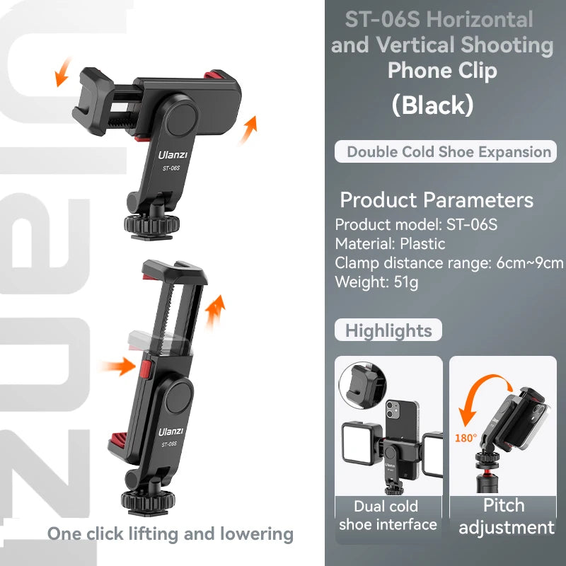 Ulanzi ST-06S Phone Holder Mount Clamp Clip Horizontal and Vertical Shooting for Smartphone Cold Shoe Mount Video Light Mic