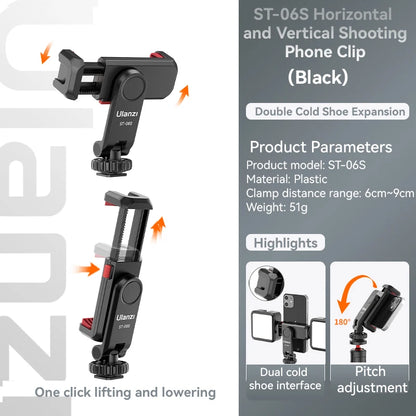 Ulanzi ST-06S Phone Holder Mount Clamp Clip Horizontal and Vertical Shooting for Smartphone Cold Shoe Mount Video Light Mic
