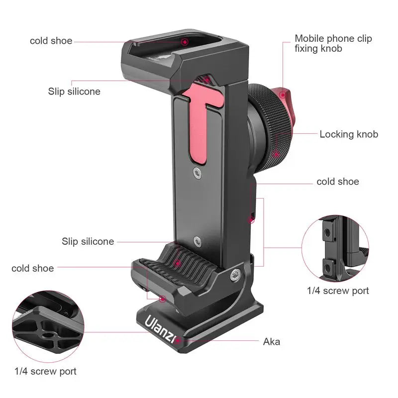 Ulanzi ST-27 Metal Phone Holder Clamp With Cold Shoe Arca Rotatable Tripod Mount Clip for TikTok Vlog Photography