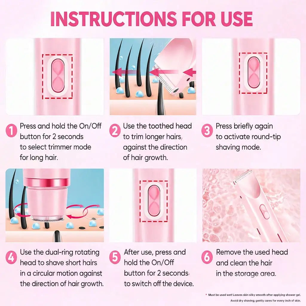 2-in-1 Ladies Electric Hair Trimmer - Bikini Shaving Tool, IPX7 Waterproof Dry/Wet Multi-Use Hair Trimmer, Ceramic Sharp Blades, USB Charging, Suitable for Facial, Underarm, Leg Hair, Portable Personal Hair Care Device, Ideal