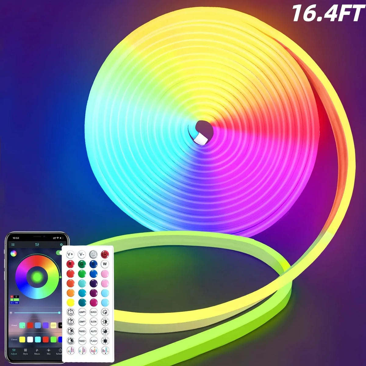 RGB Neon LED Strip Lights 16.4Ft Waterproof Flexible DIY Rope Lights with Music Sync & App Remote Control Model D0100XFP39V