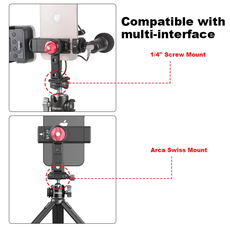 Ulanzi ST-27 Metal Phone Holder Clamp With Cold Shoe Arca Rotatable Tripod Mount Clip for TikTok Vlog Photography