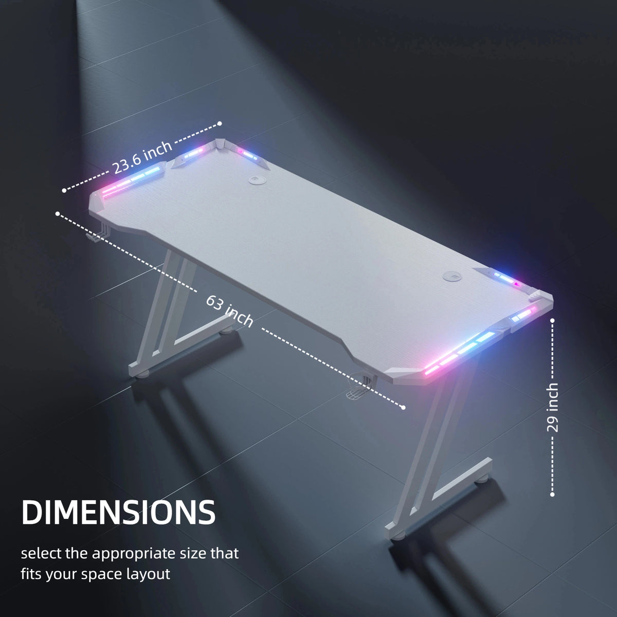 47/55/63inch Gaming Desk, Carbon Fibre Gaming Table with LED Lights, Z Shaped Ergonomic Desk with Cup Holder & Headphone Hook, White