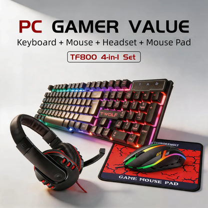T-WOLF 4 in 1 Gaming Combo Set RGB Keyboard Mouse Headset Large Mousepad Wired USB Rainbow LED Back to School PC Gamer Kit for Desktop Laptop