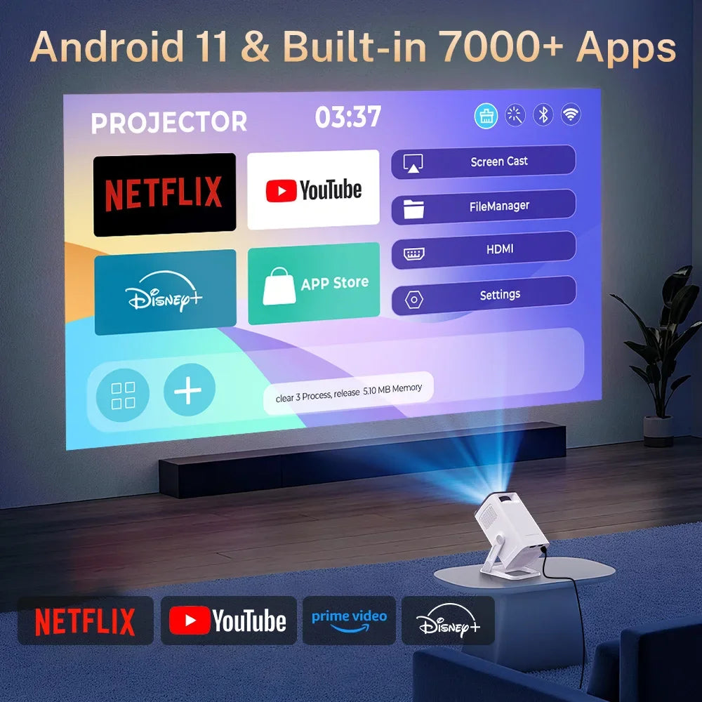 Mini Projector Native 1080P, 4K Decoding, WiFi 6 & BT 5.4, Android TV Short Throw Portable Beamer for Home Theater Outdoor Movie