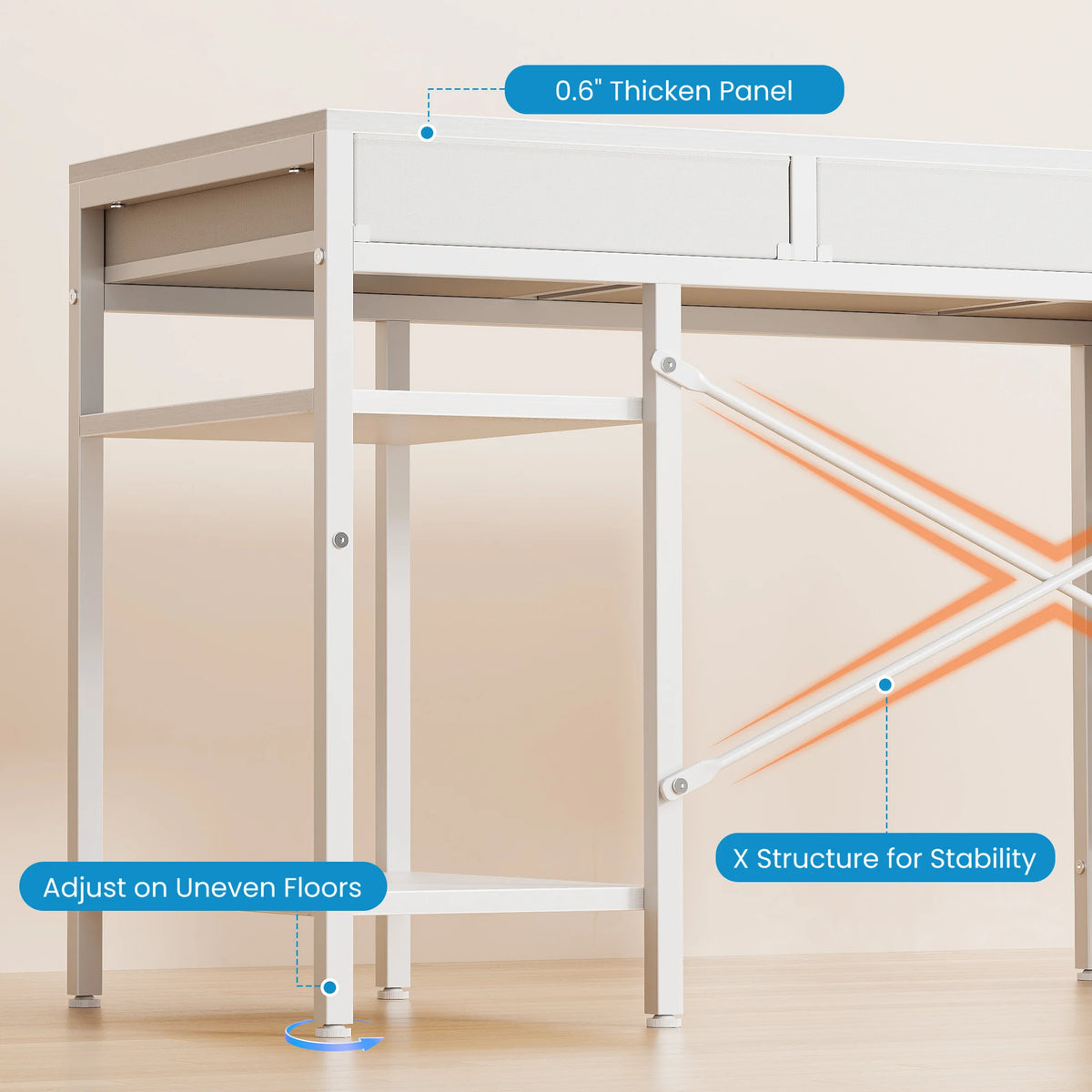 MCQ 47 Inch Office Computer Desk With 6 Fabric Drawers Standing Ergonomic Gaming Desk With Storage Shelves Reversible Gaming Desk For Home Office Small Space