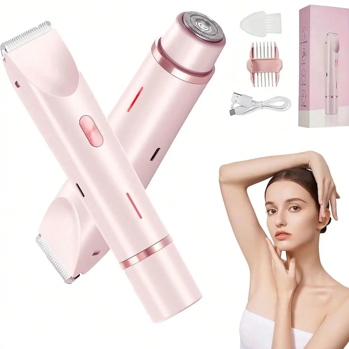 2-in-1 Ladies Electric Hair Trimmer - Bikini Shaving Tool, IPX7 Waterproof Dry/Wet Multi-Use Hair Trimmer, Ceramic Sharp Blades, USB Charging, Suitable for Facial, Underarm, Leg Hair, Portable Personal Hair Care Device, Ideal