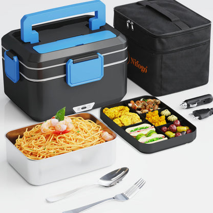 Dual‑Use Electric Heated Lunch Box, 12V Car & Home Plug‑in Food Warmer, 304 Stainless‑Steel Portable Heating Bento Box with Insulated Bag, Fast Heating Food Container for Office, Car, Travel