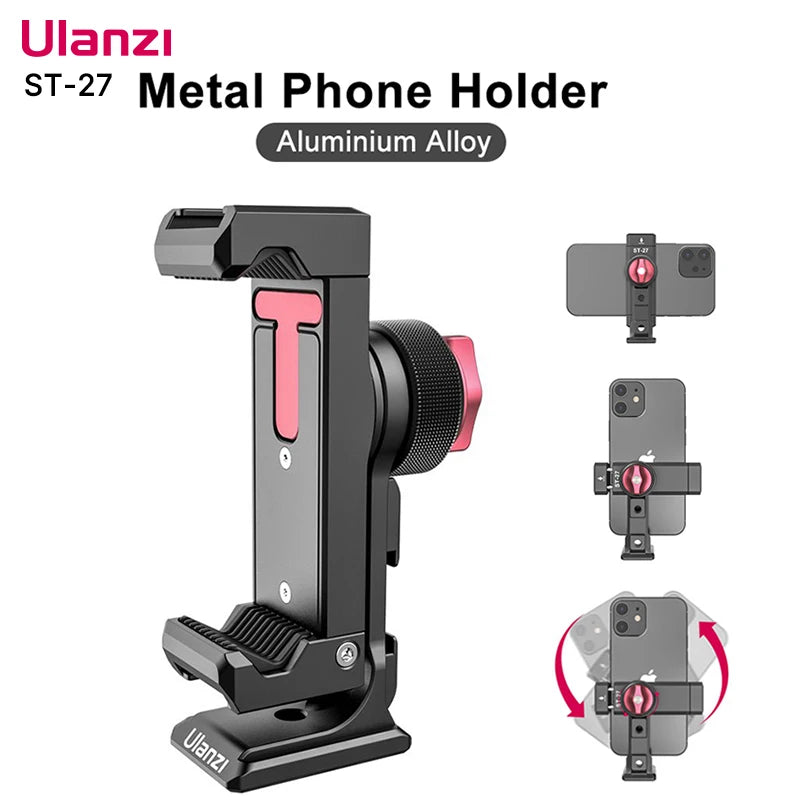 Ulanzi ST-27 Metal Phone Holder Clamp With Cold Shoe Arca Rotatable Tripod Mount Clip for TikTok Vlog Photography