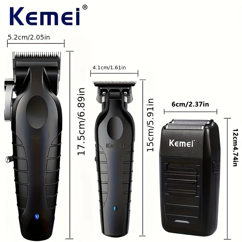 Kemei Black Haircut Three-Piece Set KM-2296 2299 1102 with Charging Base Electric Hair Clipper, Engraving Trimmer, Whitening Shaver, USB Rechargeable Professional Salon Full Haircut Tool Kit