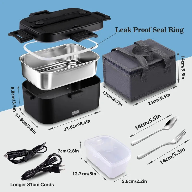 100W Fast‑Heated Electric Lunch Box 1.8L, 110V Home & 12V/24V Car Dual‑Use Food Warmer, 304 Stainless‑Steel Portable Heating Bento Box with Insulated Carry Bag for Office, Road‑Trip