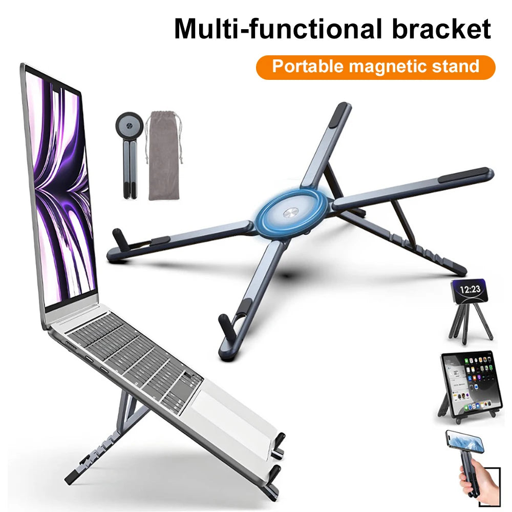 Multifunctional Aluminum Alloy Magnetic Laptop Stand Holder Mobile Phone Tablet Stand Portable Notebook Holder Mini Handheld Phone Tablet Holder Desktop Bracket  for Macbook iPhone Ipad MagSafe Live Vlog Office