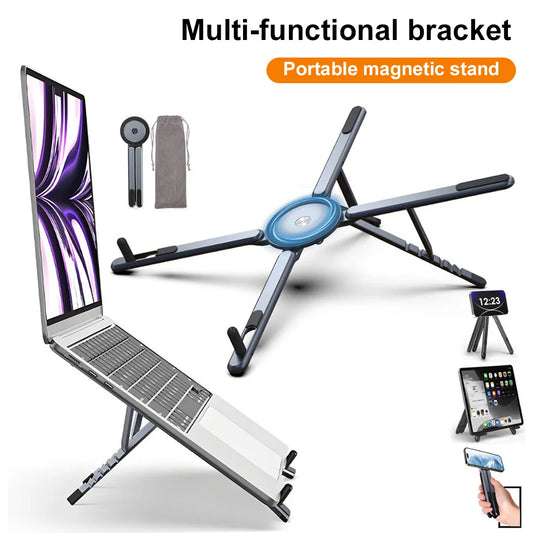 Multifunctional Aluminum Alloy Magnetic Laptop Stand Holder Mobile Phone Tablet Stand Portable Notebook Holder Mini Handheld Phone Tablet Holder Desktop Bracket  for Macbook iPhone Ipad MagSafe Live Vlog Office
