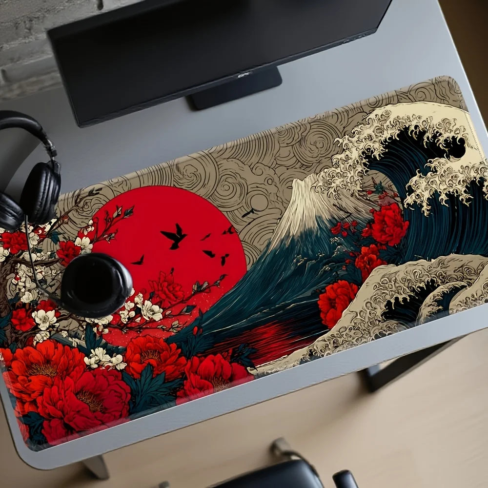 XXL Japanese Ukiyo-e Anime Bohemian Gaming Mouse Pad & Desk Mat - Large Non-Slip Rubber Base Suitable for Office, Home Computer, Compatible for PC, Laptop