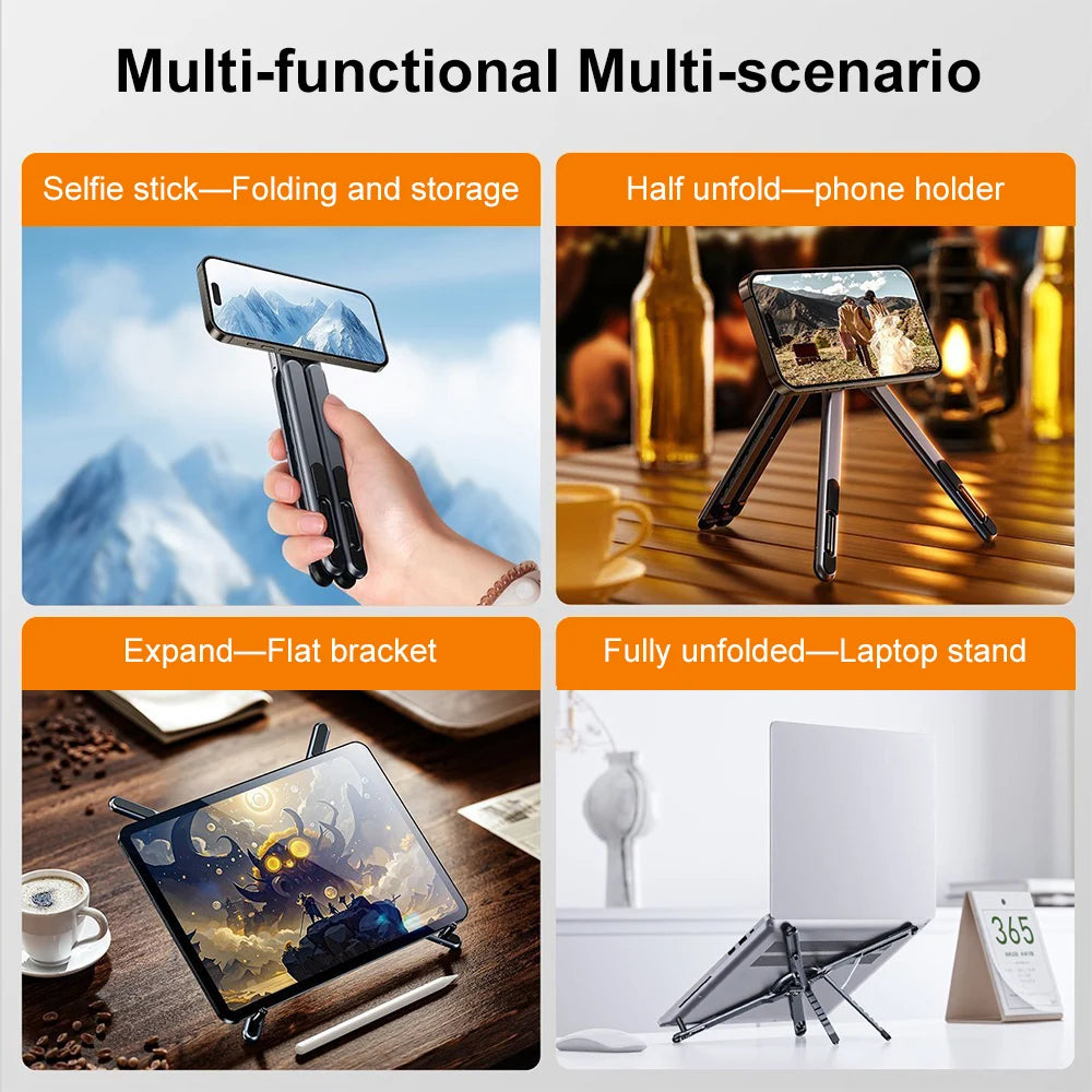 Multifunctional Aluminum Alloy Magnetic Laptop Stand Holder Mobile Phone Tablet Stand Portable Notebook Holder Mini Handheld Phone Tablet Holder Desktop Bracket  for Macbook iPhone Ipad MagSafe Live Vlog Office