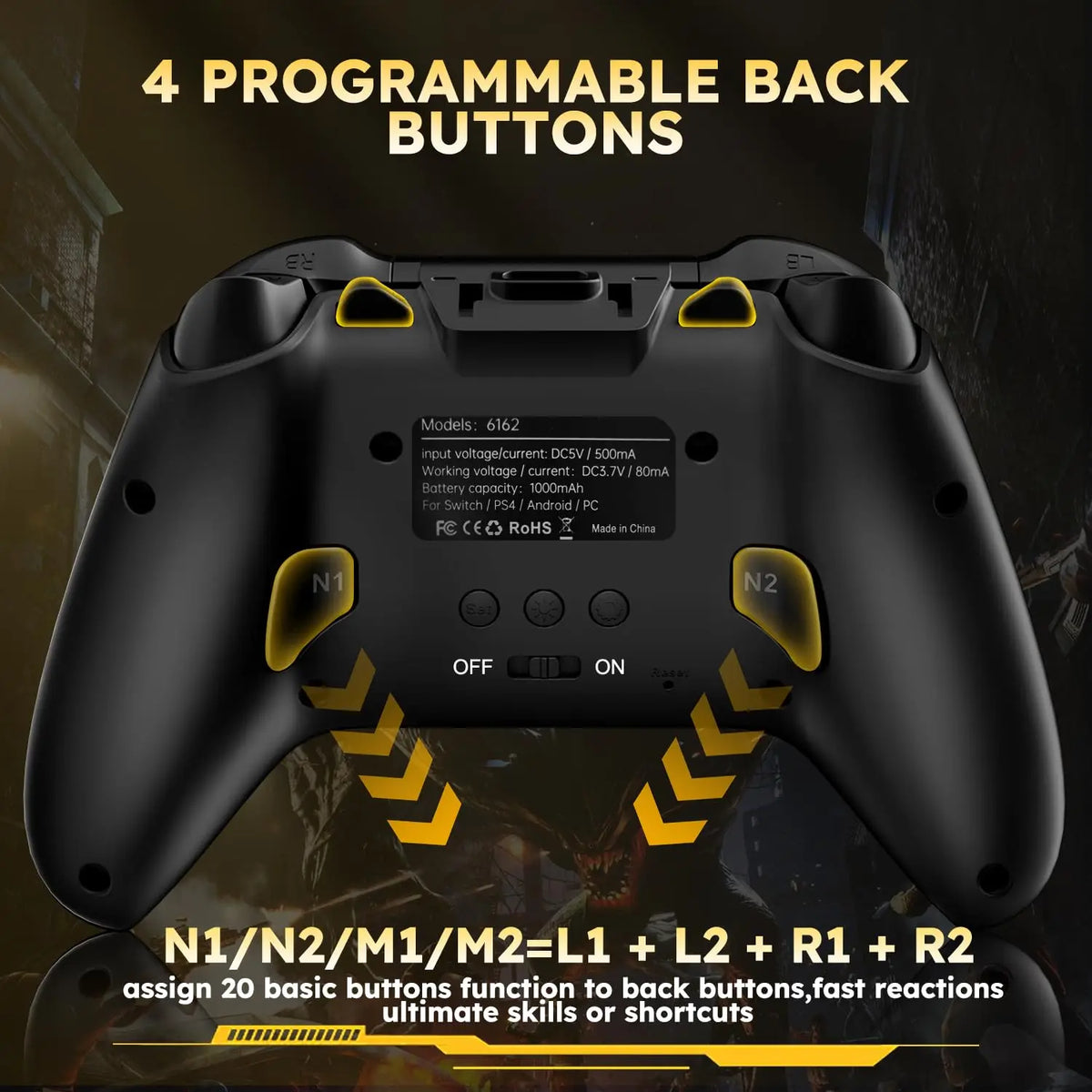 Wireless gaming controller with an interactive screen, compatible with PC, PS4, Switch, Android, and iOS devices. Features 4 programmable buttons, rapid-fire functionality, a 6-axis gyroscope, dual vibration feedback, and RGB